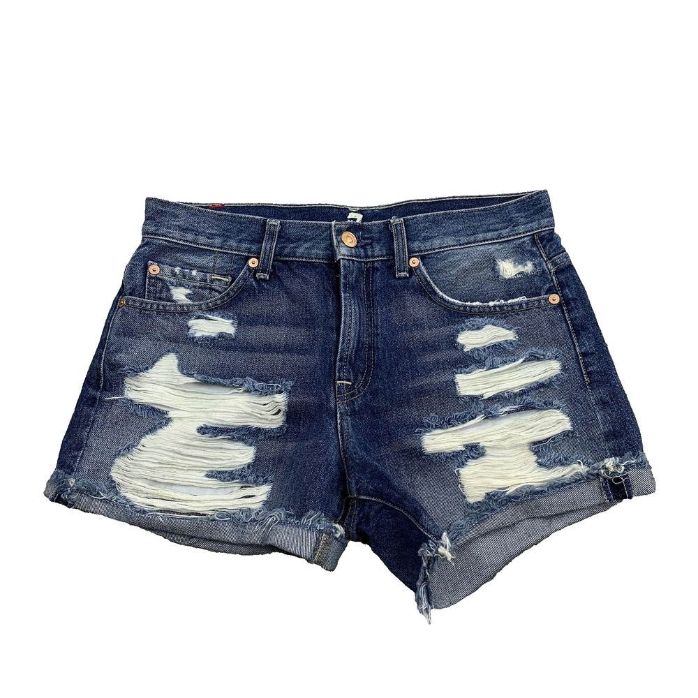 7 For All Mankind Denim Shorts Size 27 Distressed Blue Stretch 49-15